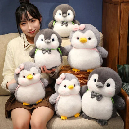 Adorable Fluffy Gray Penguin Plush Toy with a Cute Turtle Backpack