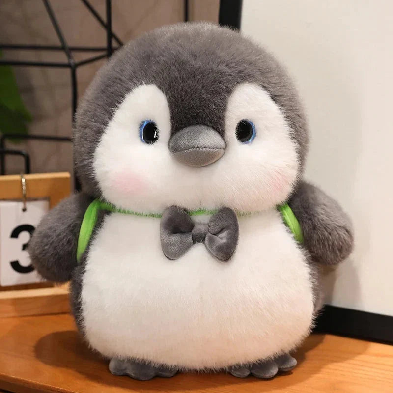 Adorable Fluffy Gray Penguin Plush Toy with a Cute Turtle Backpack