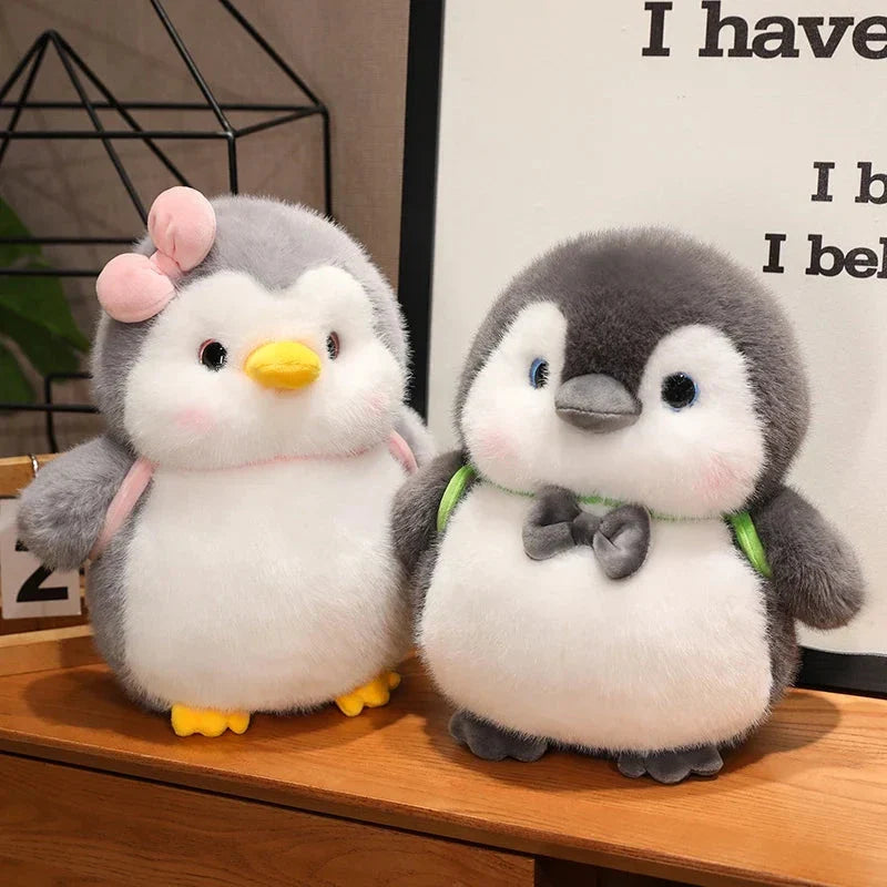 Adorable Fluffy Gray Penguin Plush Toy with a Cute Turtle Backpack
