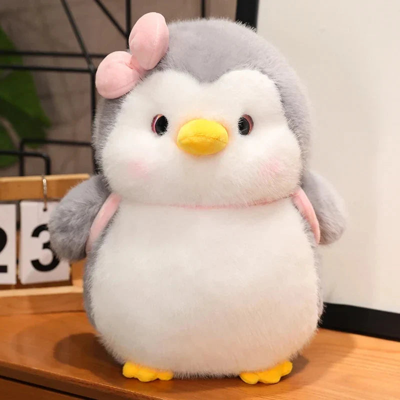 Adorable Fluffy Gray Penguin Plush Toy with a Cute Turtle Backpack