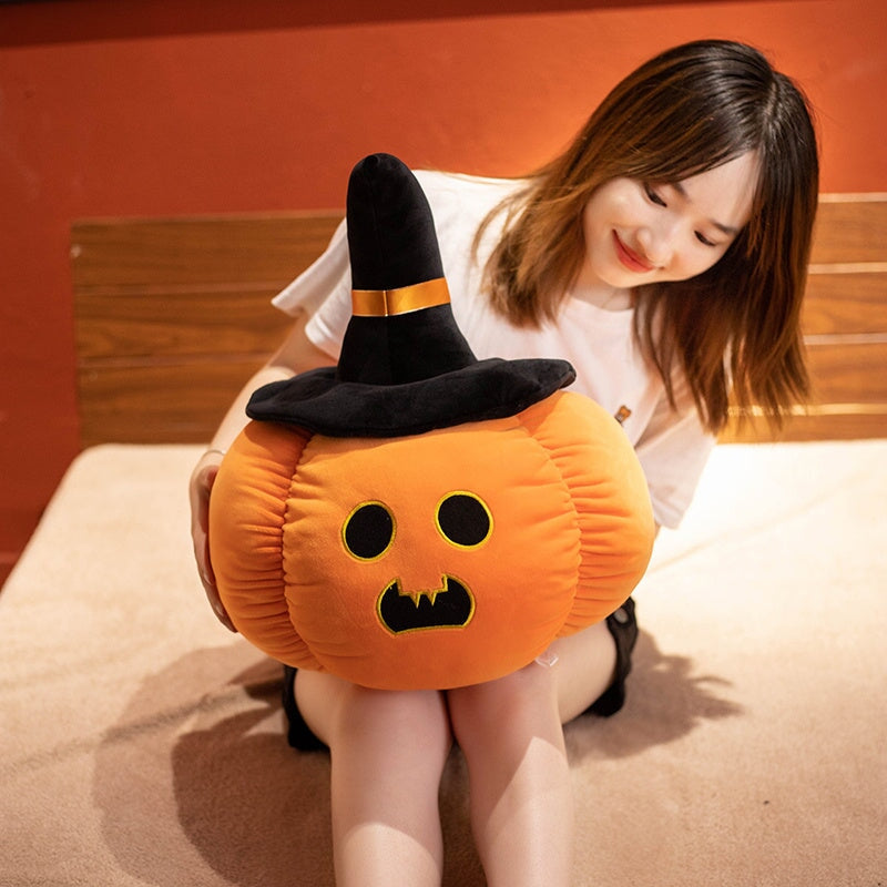 Charming Halloween Pumpkin & Black Hat Plushie Set