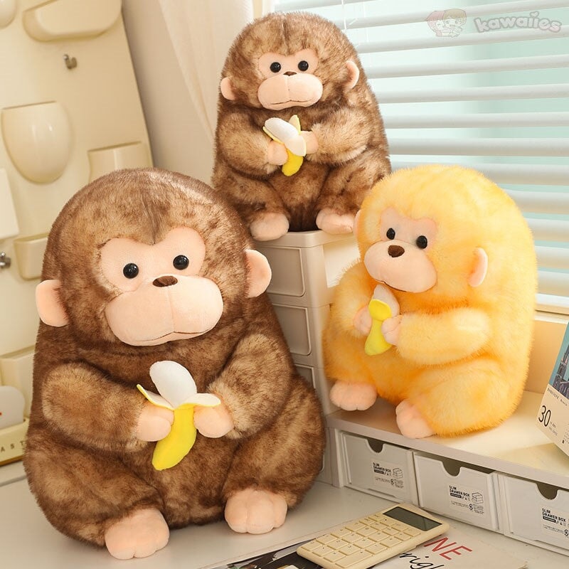 Adorable Kawaii Yellow and Brown Chunky Monkey Plushie with Banana Accessory