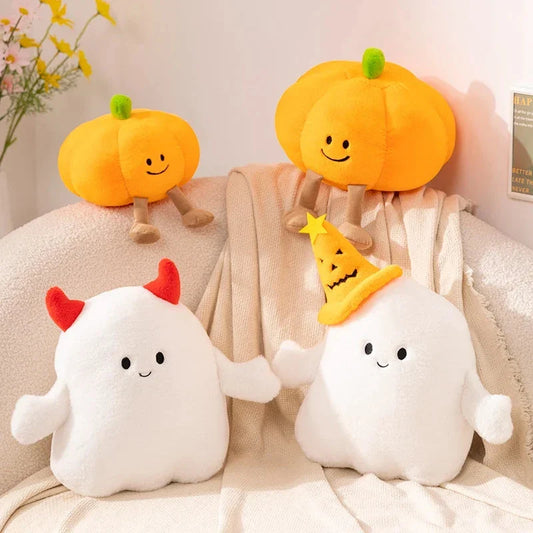 Adorable Smiling Pumpkin Ghost Plush for Halloween Fun!