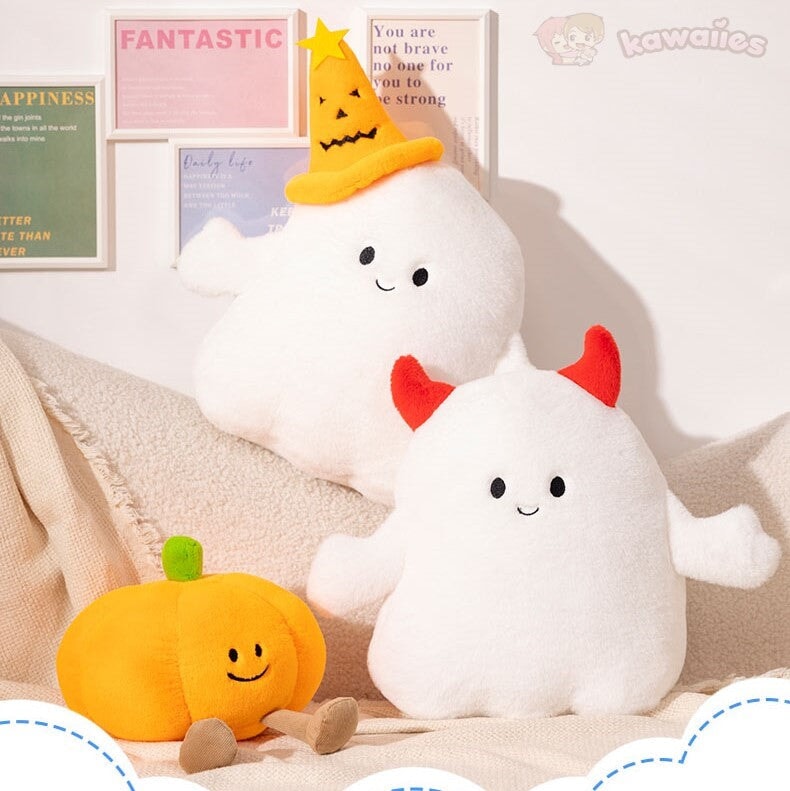 Adorable Smiling Pumpkin Ghost Plush for Halloween Fun!