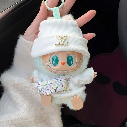 POP MART The Monsters Labubu Fashion Dress - L Style White Top with Metallic Logo + White Hat + L Style Bag