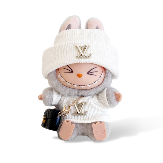 POP MART The Monsters Labubu Fashion Dress - LV Style White Top with Metallic Logo + White Hat + Black Bag