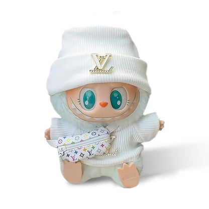 POP MART The Monsters Labubu Fashion Dress - L Style White Top with Metallic Logo + White Hat + L Style Bag