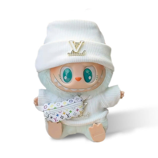 POP MART The Monsters Labubu Fashion Dress - L Style White Top with Metallic Logo + White Hat + L Style Bag